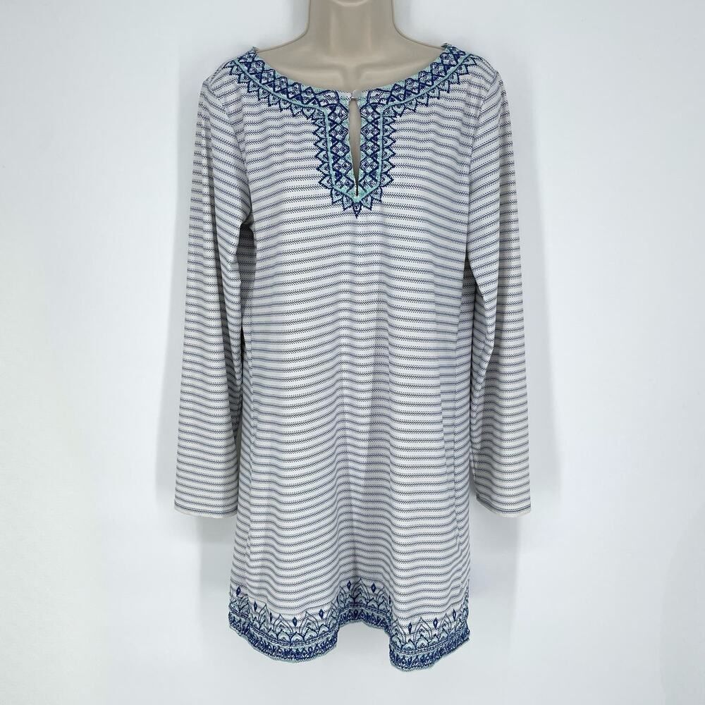 Cabana Life Embroidered Shift Dress Sz L White Blue Stripe Long Sleeves Stretchy
